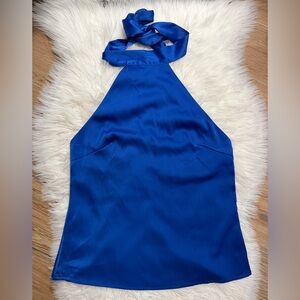 Nasty Gal Blue Satin Silk Halter Tie Blouse